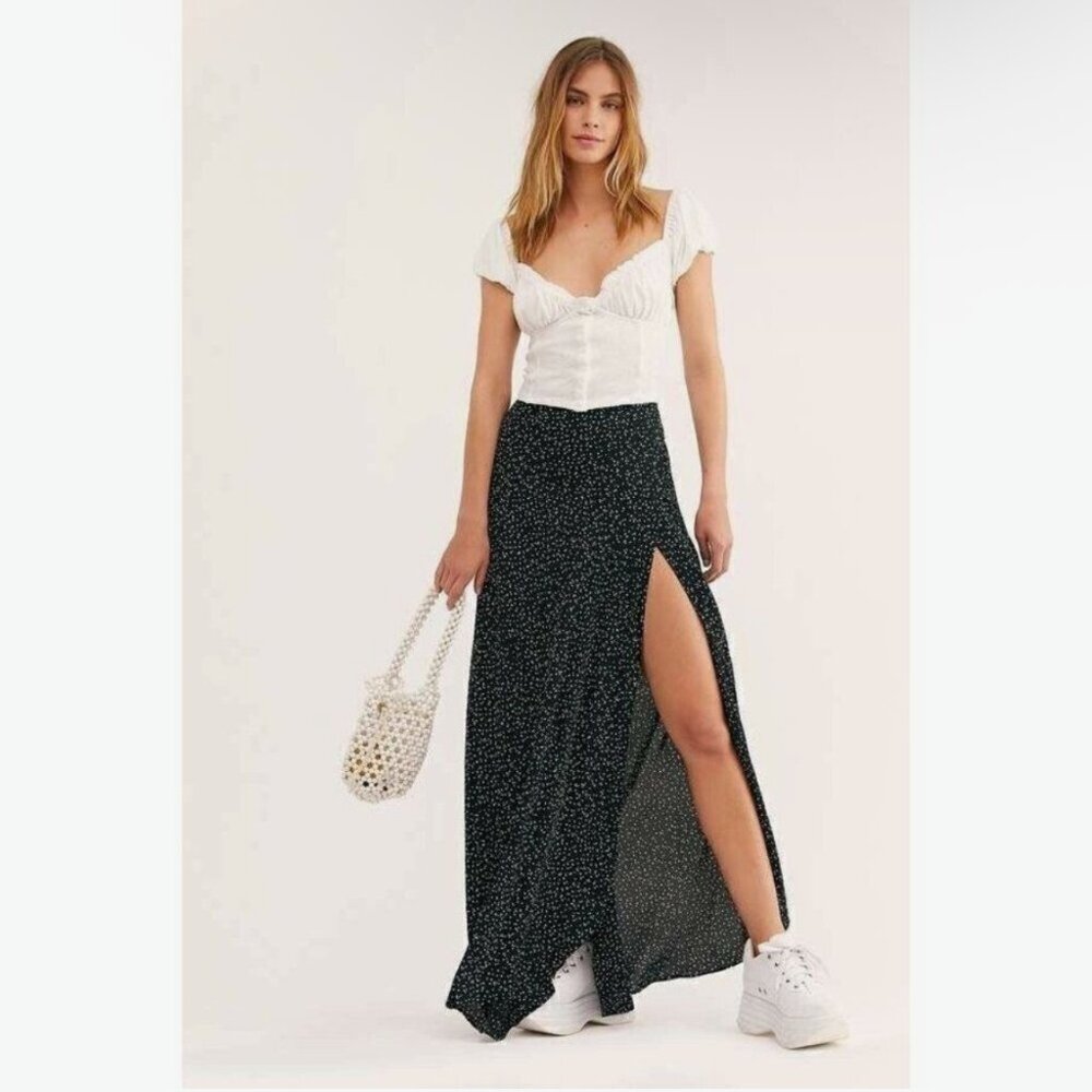 flynn skye slit leg black white dots flowy wrap it up maxi skirt
